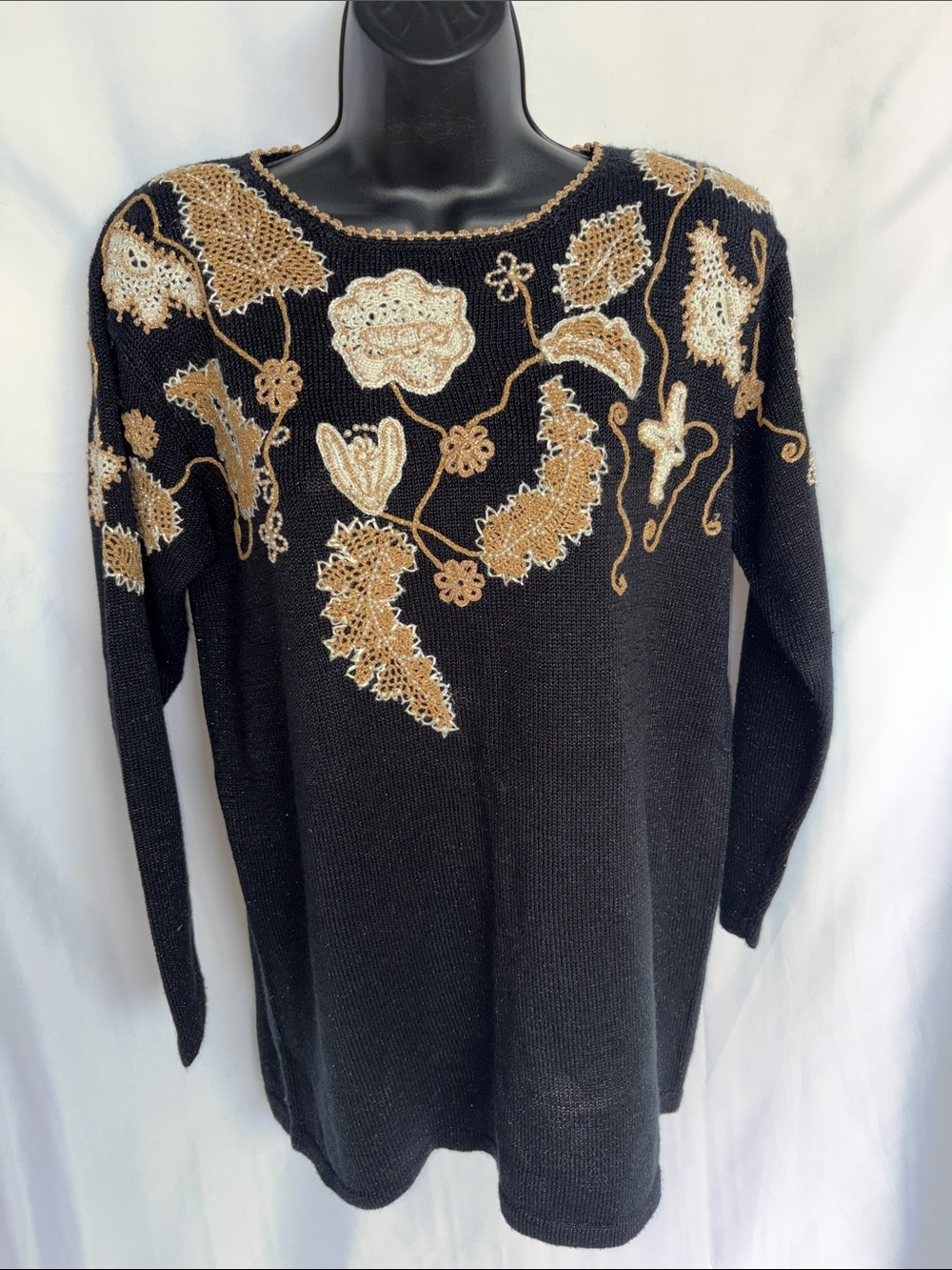 Vintage Jaclyn Smith Sweater, Embroidered Beaded Black Gold, M, 21” PTP, 29” L